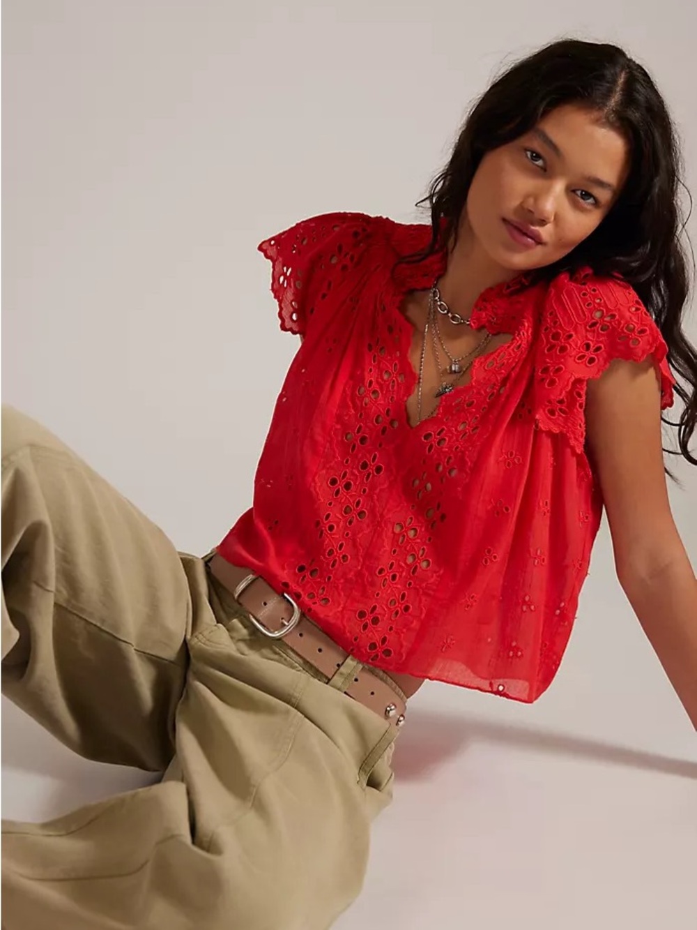 Calypso St. Barth Red Eyelet Flutter Sleeve Blouse